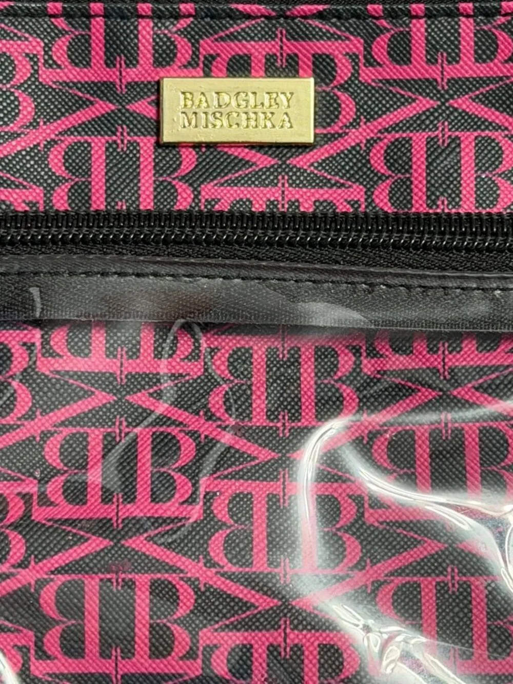 Badgley Mischka Pink Black BM Monogram Clear Cosmetic Travel Bag Double Zip 8
